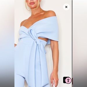 Pale Blue Bardot Flared Leg Scuba Jumpsuit